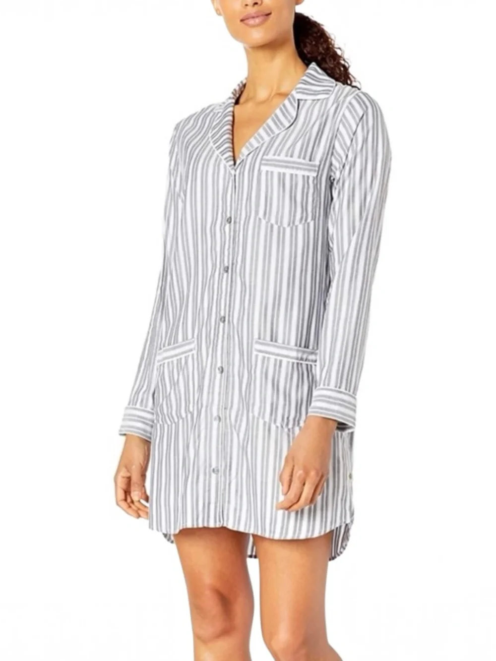 UGG Laura Striped Sleep Shirt Nightshirt Blue White Button Front Size M - Picture 1 of 8